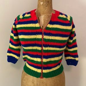 Vintage hand knit striped zipper front cardigan in bright primary colors.